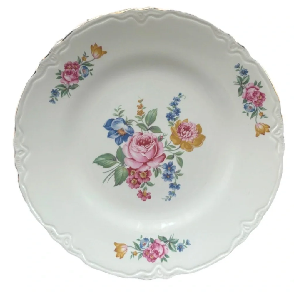 Vintage Floral Plate Scio Ohio Cottage Core White Cream Rose Blue Green Gold Rim